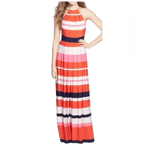 NEW ELIZA J Striped Pleated Halter Maxi Dress Gold Choker Closure Size 10 - Picture 1 of 15